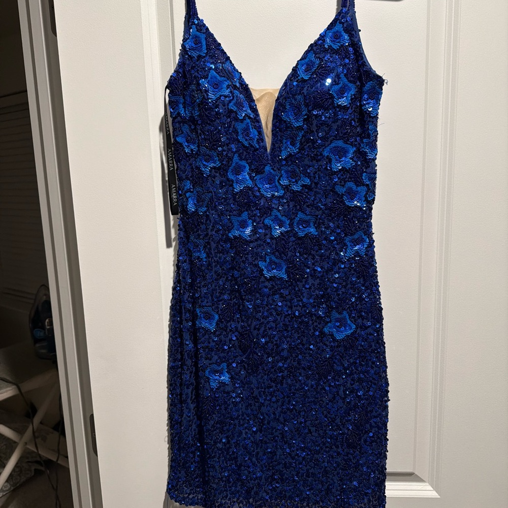 Royal Blue Sequin Mini Dress with Floral Appliqué - Picture 1 of 1